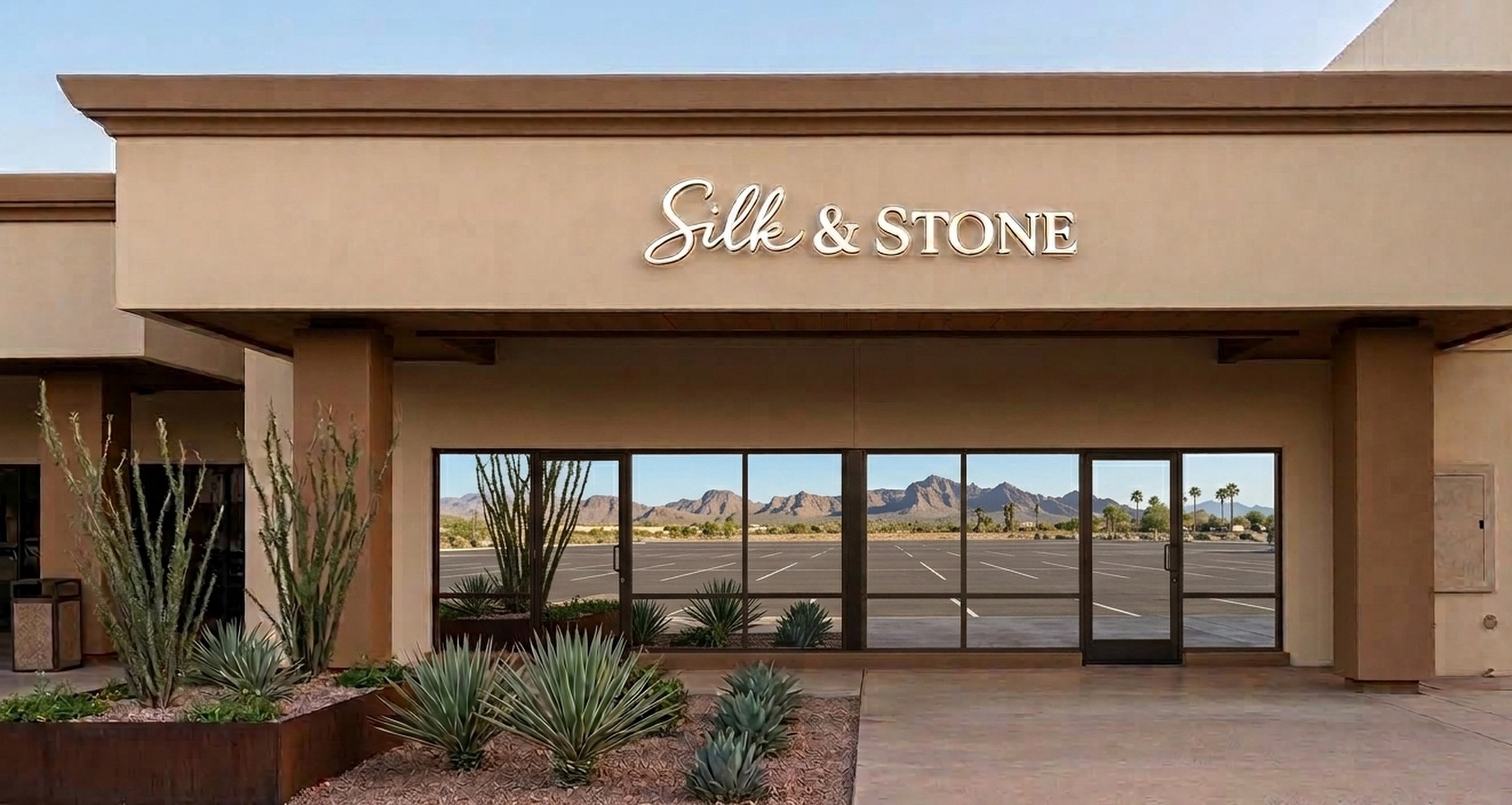 The Silk & Stone storefront at 735 North Gilbert Road in Gilbert, Arizona, lit at dusk